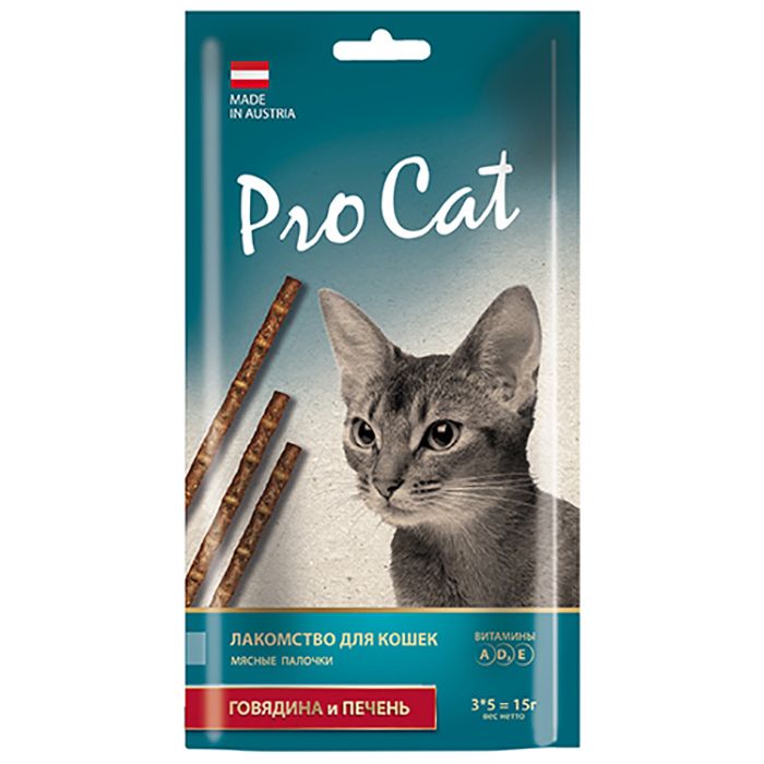 Лакомство для кошек PRO CAT Лакомые палочки, с говядиной и печенью, 3 шт, 15 г