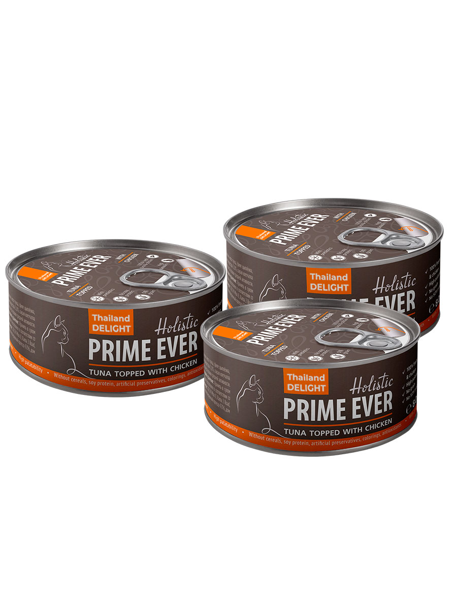 Купить консервы для кошек Prime Ever тунец с цыпленком в желе, 3шт по 80г, цены на Мегамаркет | Артикул: 100064562398