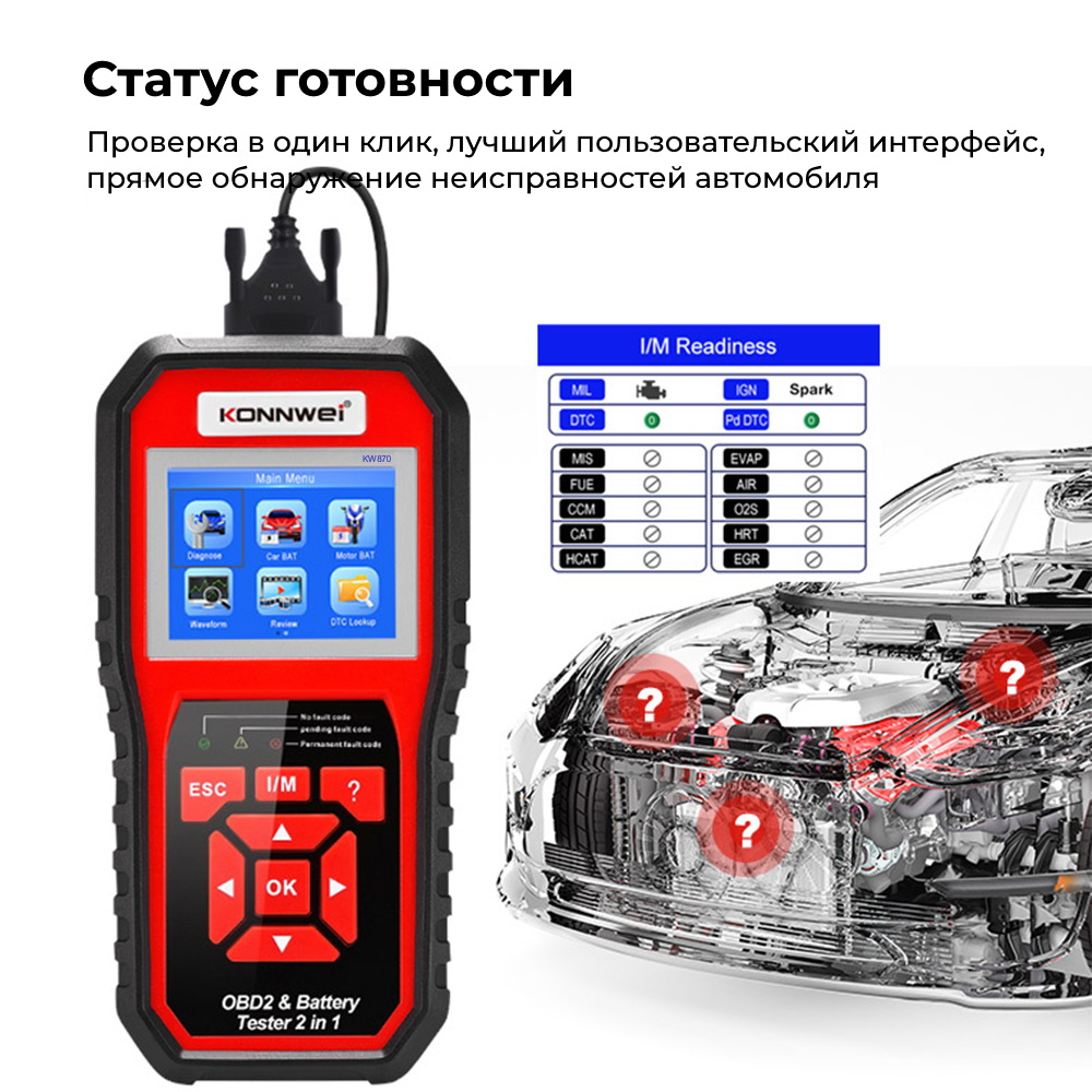 Автосканер с тестером аккумуляторов Konnwei KW870 - купить в Москве, цены  на Мегамаркет | 600010903538