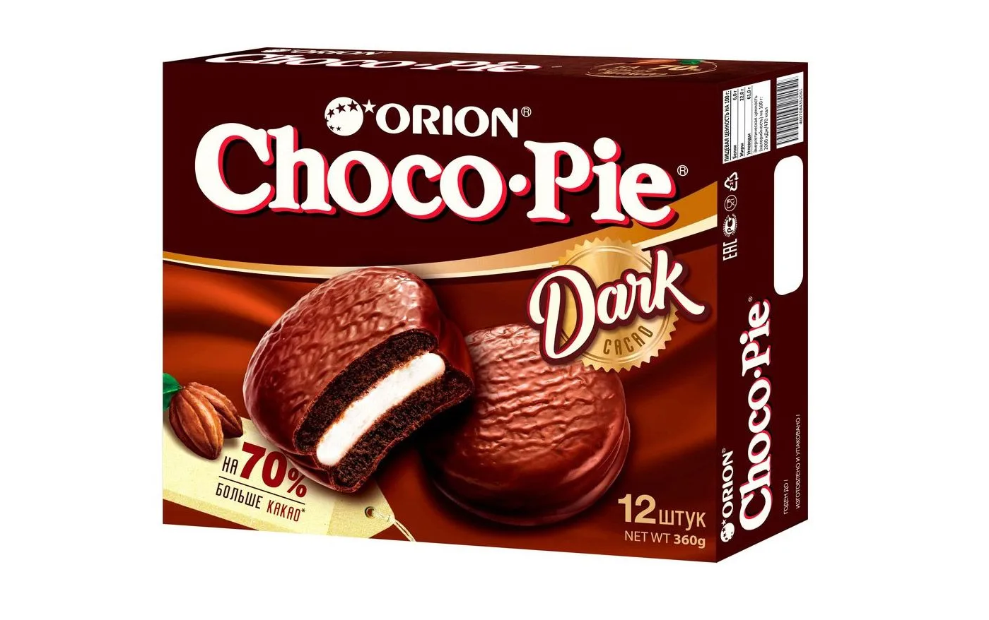 Пирожное Orion Choco Pie, темный шоколад, 8x360 г - купить в Мегамаркет Москва Пушкино, цена на Мегамаркет