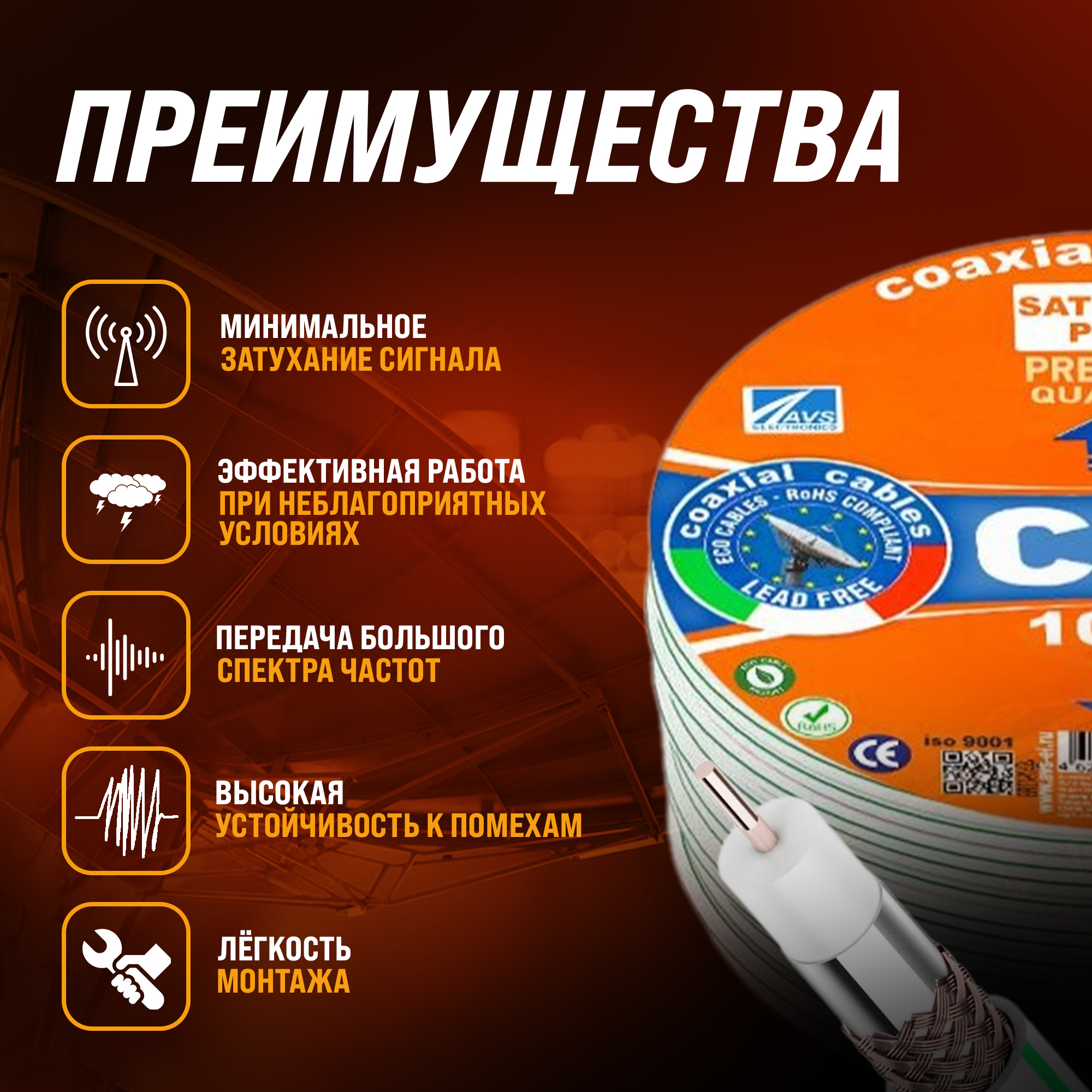 Коаксиальный телевизионный кабель AVS Electronics SAT 703E Plus 100m ...
