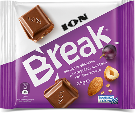 Шоколад ION Break, молочный, с изюмом и орехами, 85 г