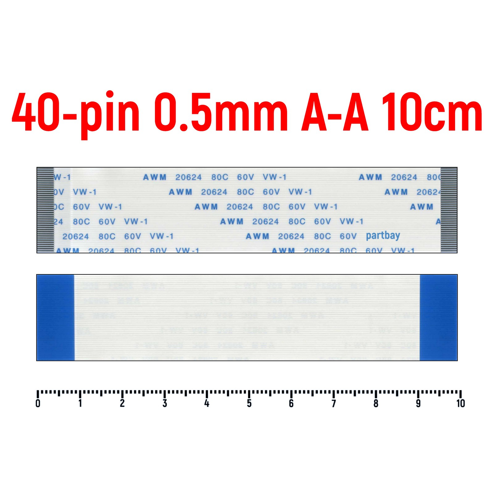 Шлейф FFC 40-pin Шаг 0.5mm Длина 10cm Прямой A-A AWM 20624 80C 60V VW-1 - купить в partbay(FBS), цена на Мегамаркет