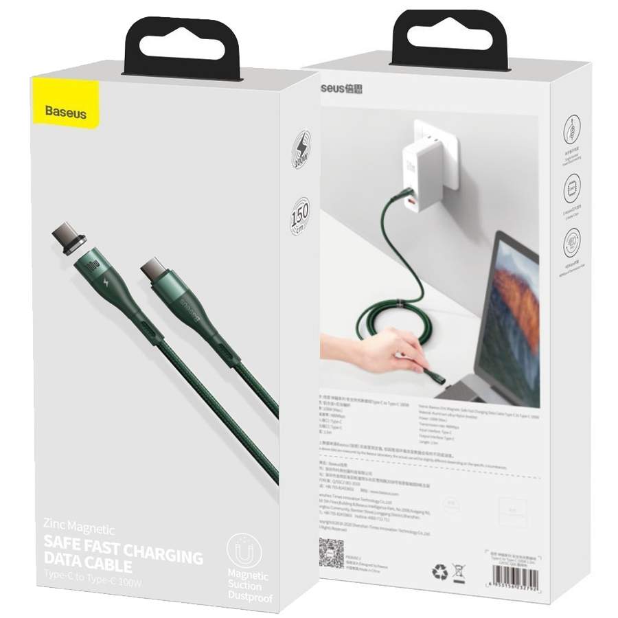 Магнитный кабель USB Type-C - USB Type-C 1.5м Baseus Zinc Magnetic 100W Зеленый CATXC-Q06