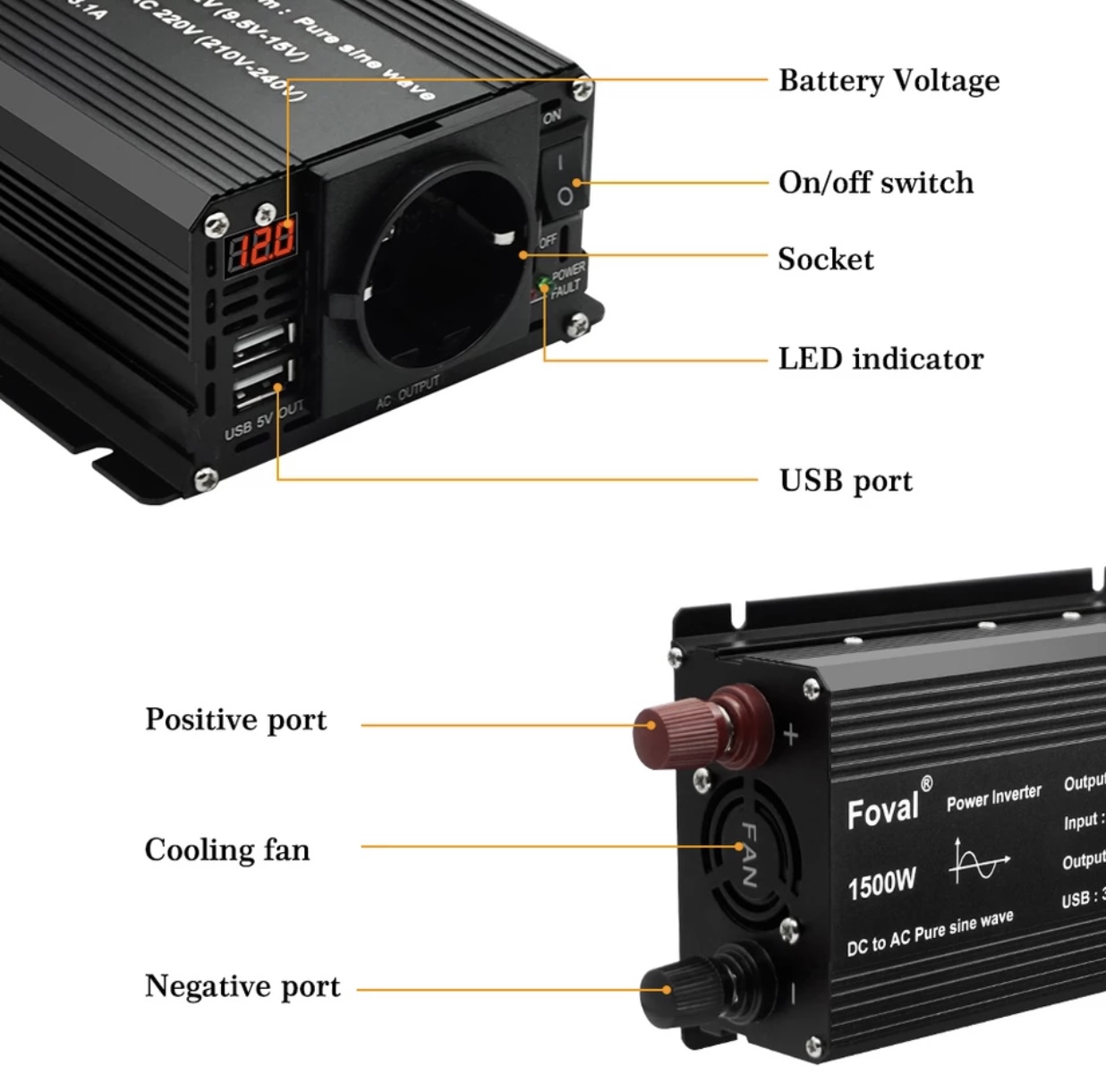 Купить автомобильный преобразователь напряжения FOVAL 1500 w 12v-220v  инвертор Чистый синус, цены на Мегамаркет | Артикул: 600010031449