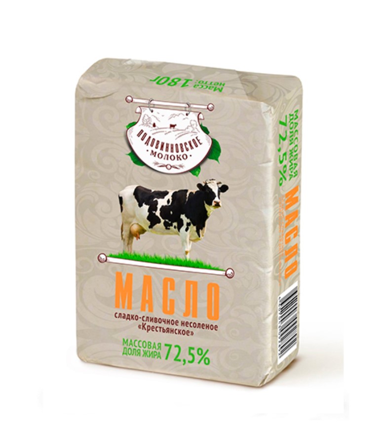 Масло сладко-сливочное Подовинновское Молоко | Крестьянское, несоленое, 72,5%, 180 г