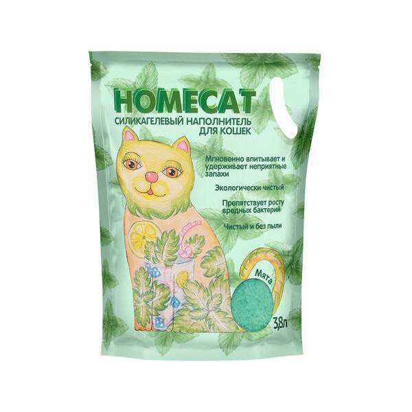 Впитывающий наполнитель для кошек HOMECAT силикагелевый, мята, 1.625 кг, 3.8 л