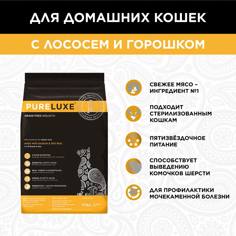 Сухой корм для кошек PureLuxe, беззерновой, для домашних, с лососем и горошком, 0,4кг – купить в Москве, цены в интернет-магазинах на Мегамаркет