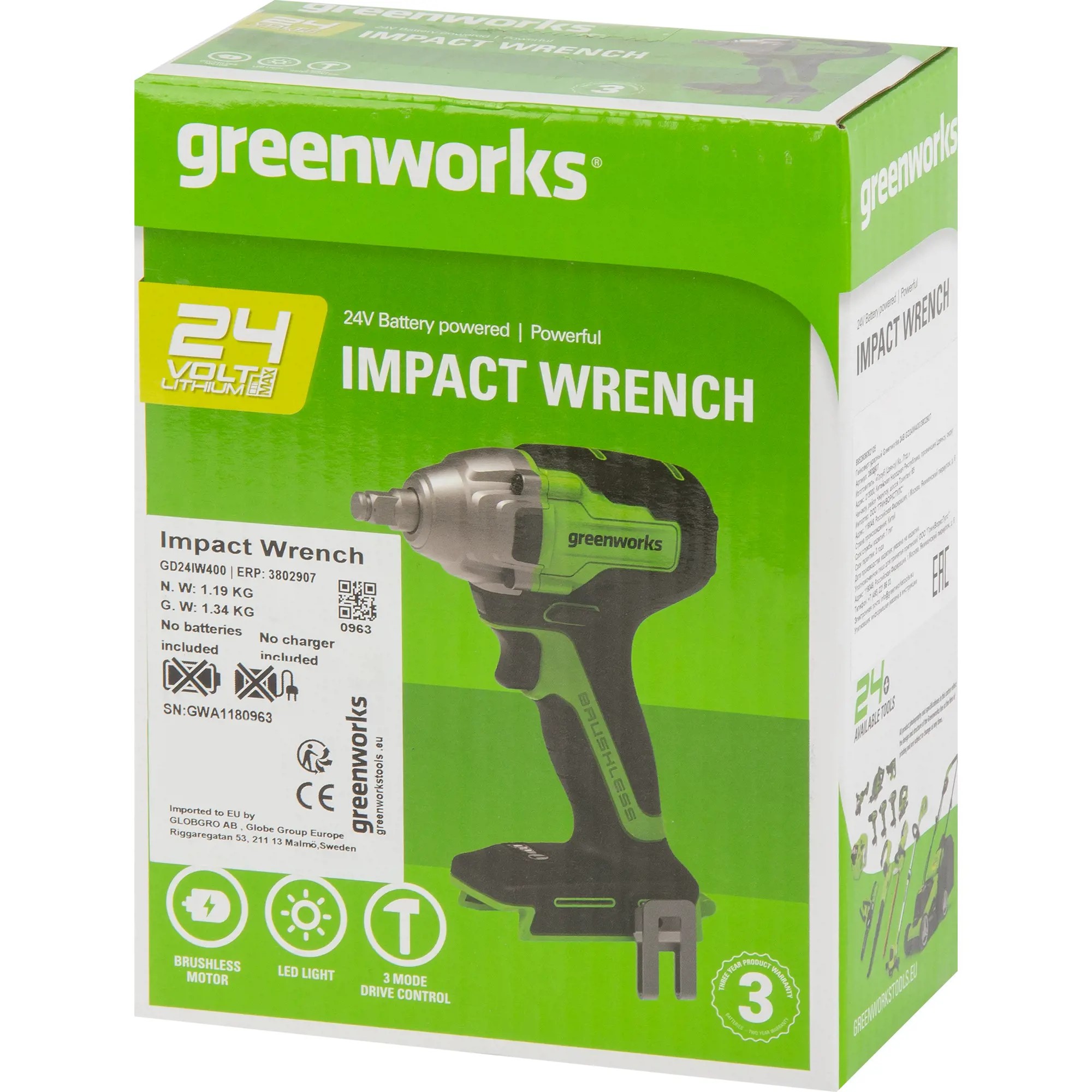  ударный аккумуляторный Greenworks GD24IW400, 24V, бесщеточный .
