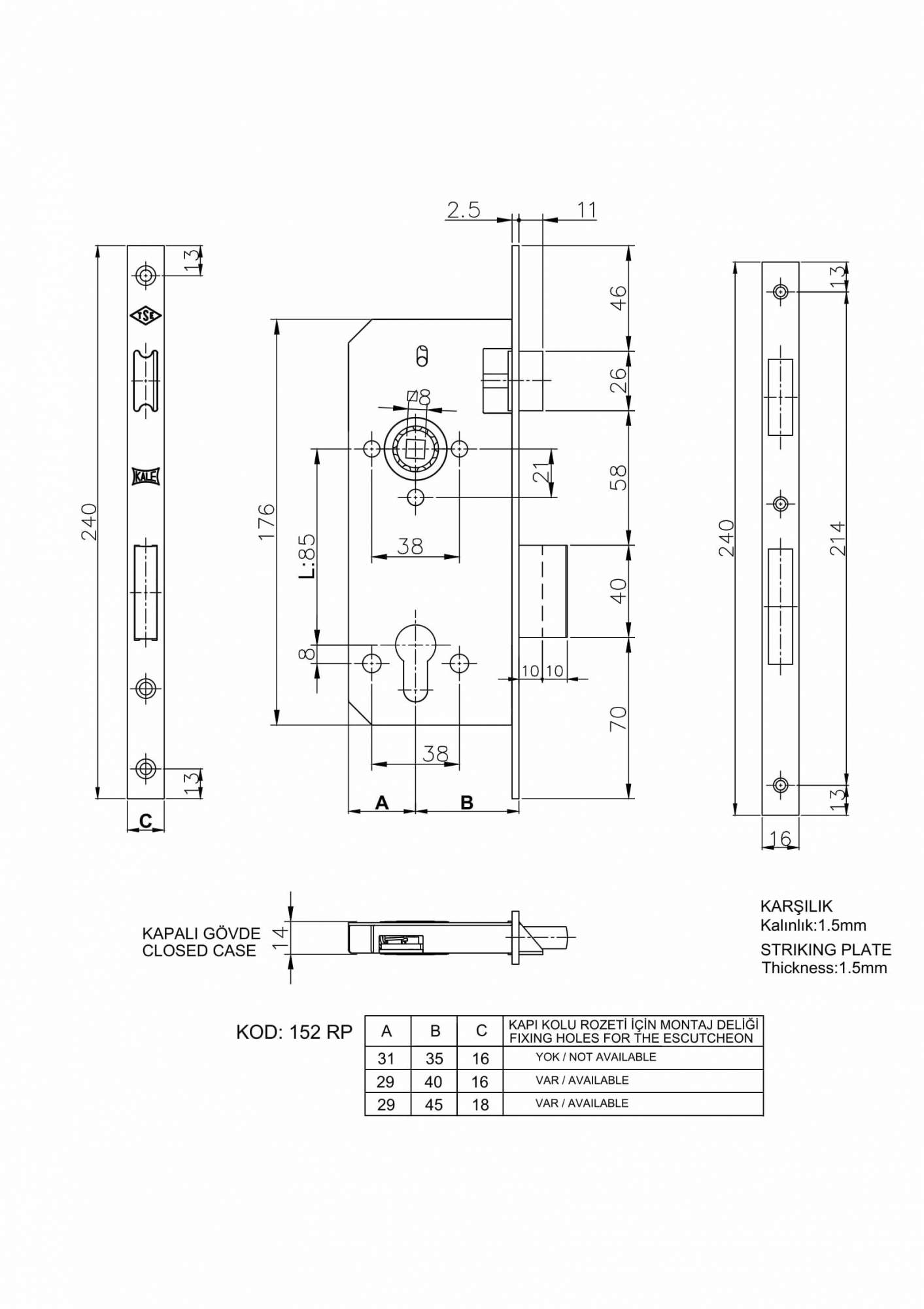 Замок врезной kale kilit 152 r