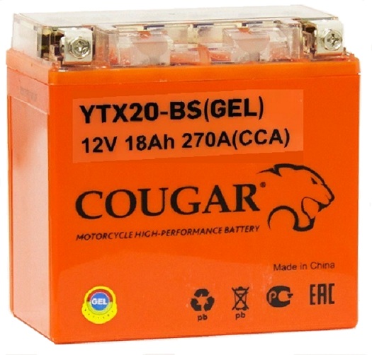 Купить аккумулятор д/мото/скутера Cougar AGM VRLA 12V 18 А/ч 270А пр.пол.YTX20-BS, YTX20H-BS GEL, цены на Мегамаркет | Артикул: 100061118753