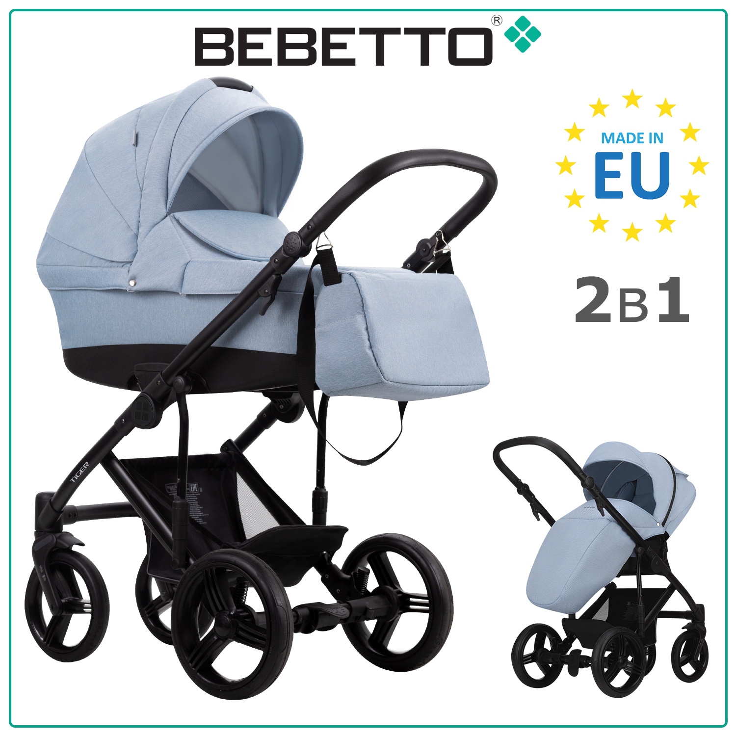 Коляска детская Bebetto 2 в 1 Tiger LUX 03, голубой, рама черная, 0+ - купить в Торговая компания "Каринекс", цена на Мегамаркет