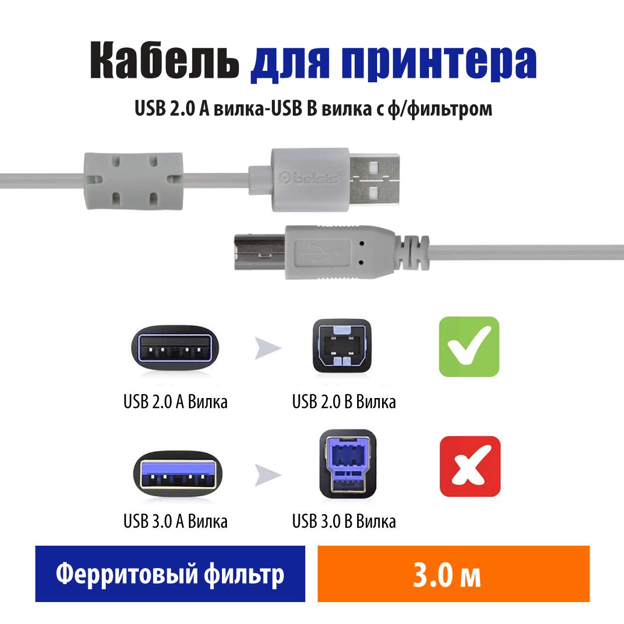 Мультимедийный кабель для принтера USB2.0 A вилка-USB B вилка c ф/фильтром,  3м.,BW1412 - отзывы покупателей на маркетплейсе Мегамаркет | Артикул:  100000567767