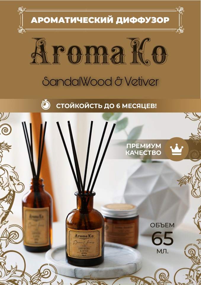 Аромадиффузор с палочками AromaKo SandalWood & Vetiver, 250 мл