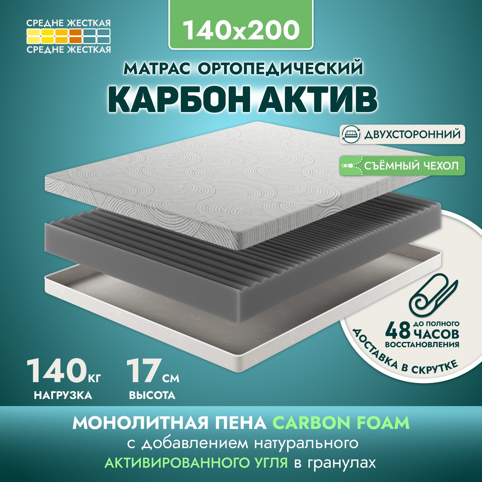 Беспружинный ортопедический матрас для кровати AMI MEBEL Карбон Актив 140х200 см, в рулоне - купить в Ами, цена на Мегамаркет