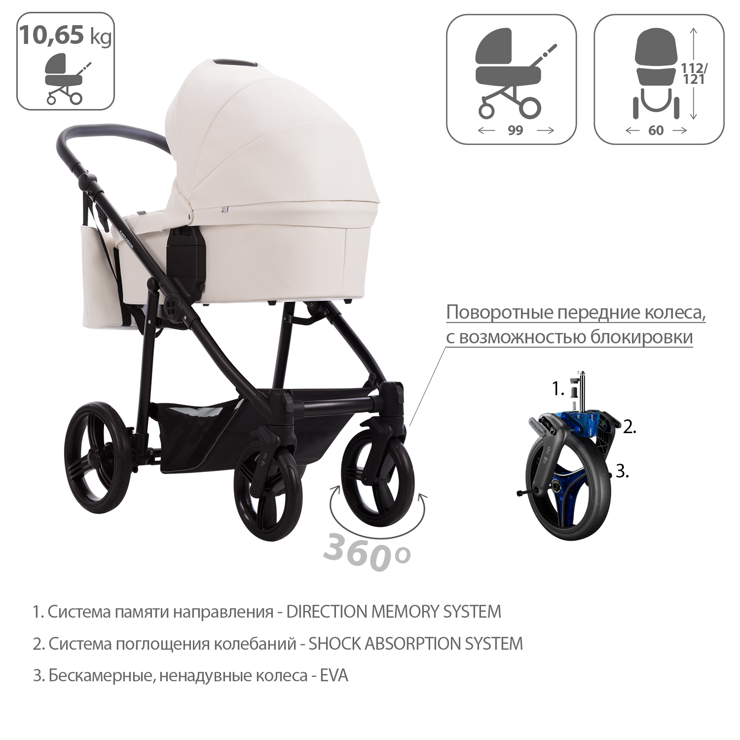 Детская коляска 2 в 1 Bebetto Explorer AIR PRO 01, белая экокожа, рама  черная – купить в Москве, цены в интернет-магазинах на Мегамаркет