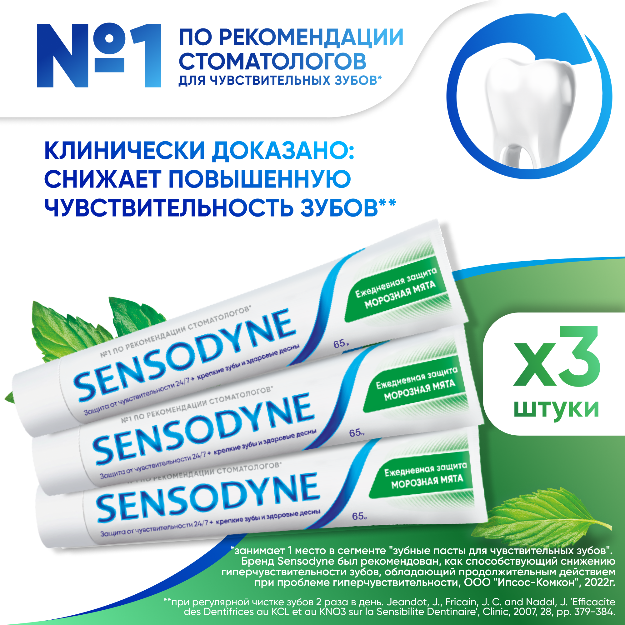 Купить зубная паста Sensodyne Ежедневная Защита Морозная мята с фтором, 65 г 3 шт, цены на Мегамаркет | Артикул: 600018648648