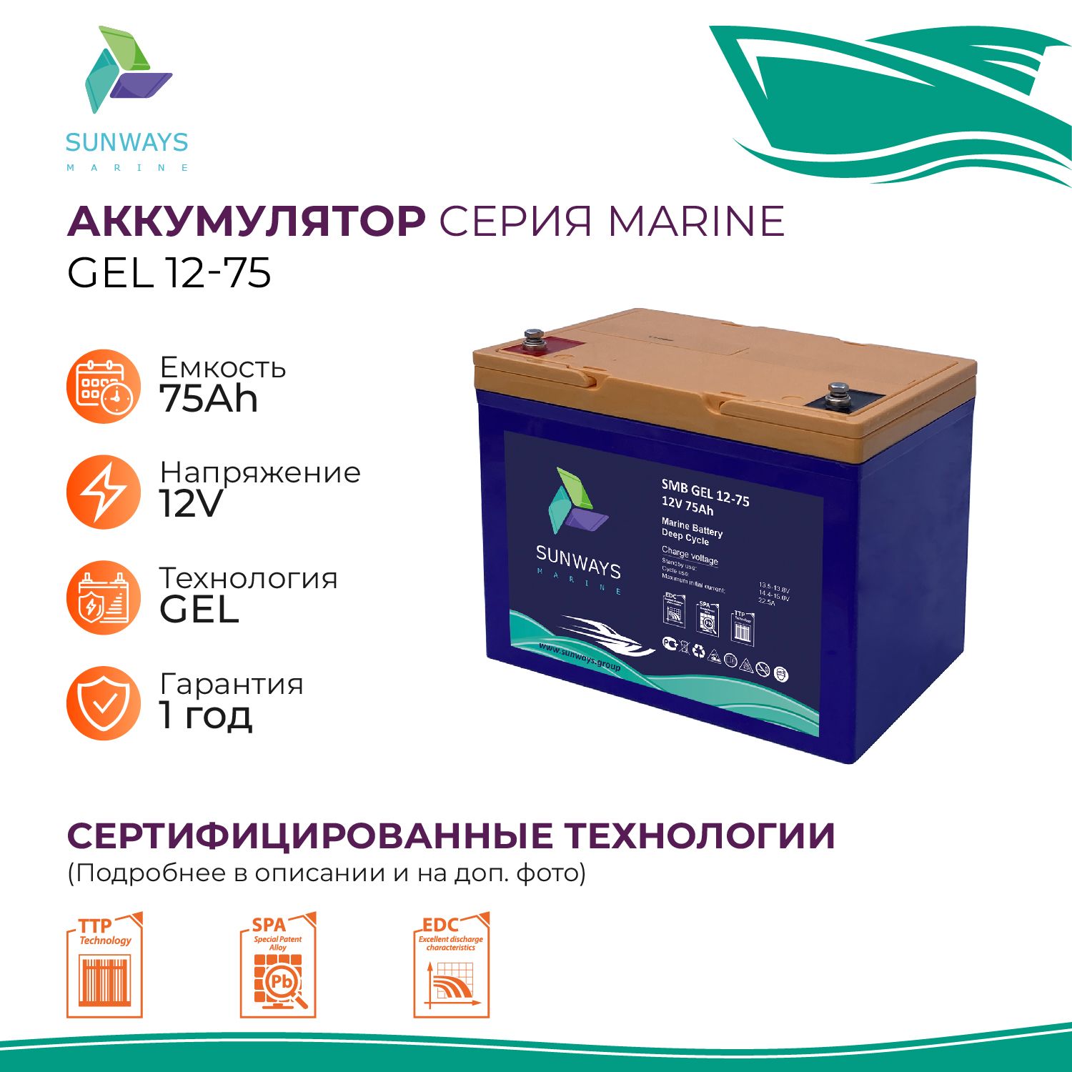 Аккумулятор для ИБП Sunways Marine SMB GEL 12В 75Ач – купить в Москве, цены в интернет-магазинах на Мегамаркет