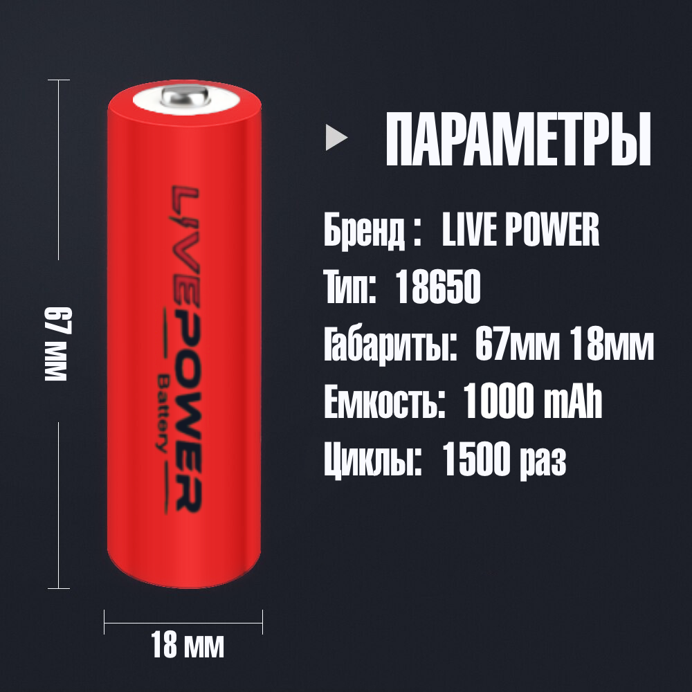 Аккумуляторная батарейка 18650 Live Power, 1000mAh Li-ion 3,7В - купить в  Москве, цены на Мегамаркет | 600013040497