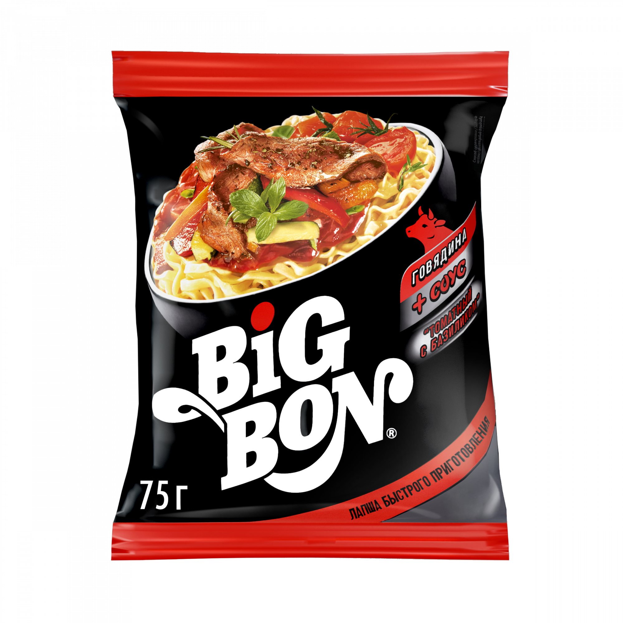 Купить лапша Big Bon говядина соус томатный с базиликом 75 г, цены на Мегамаркет | Артикул: 100049384576