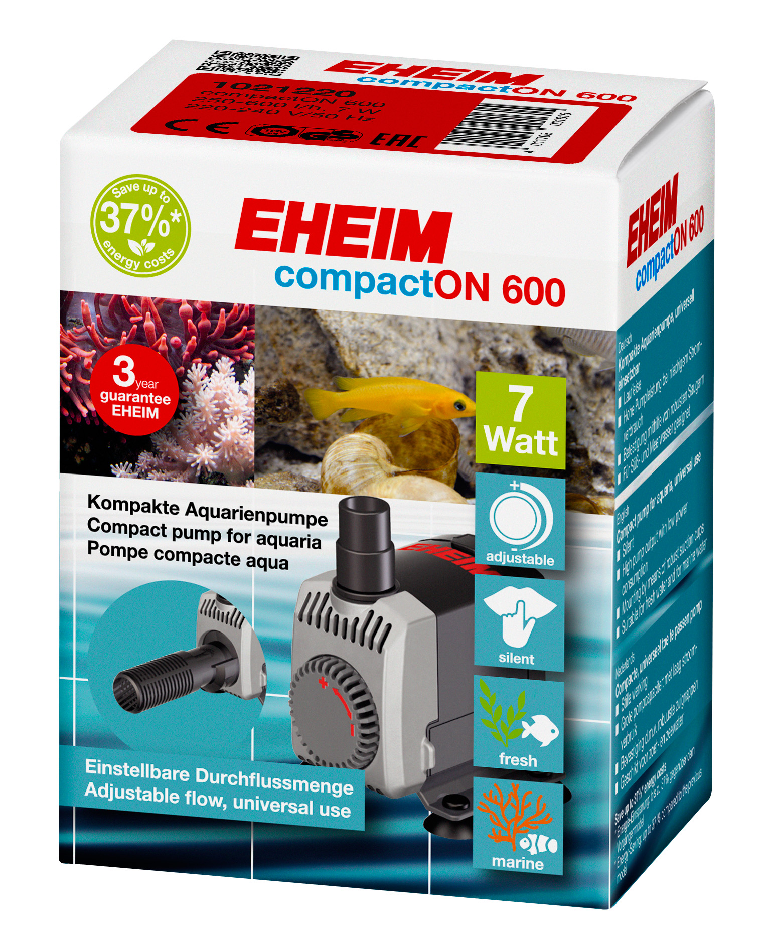 Помпа для аквариума подъемная Eheim CompactON 600, погружная, 600 л/ч, 7 Вт