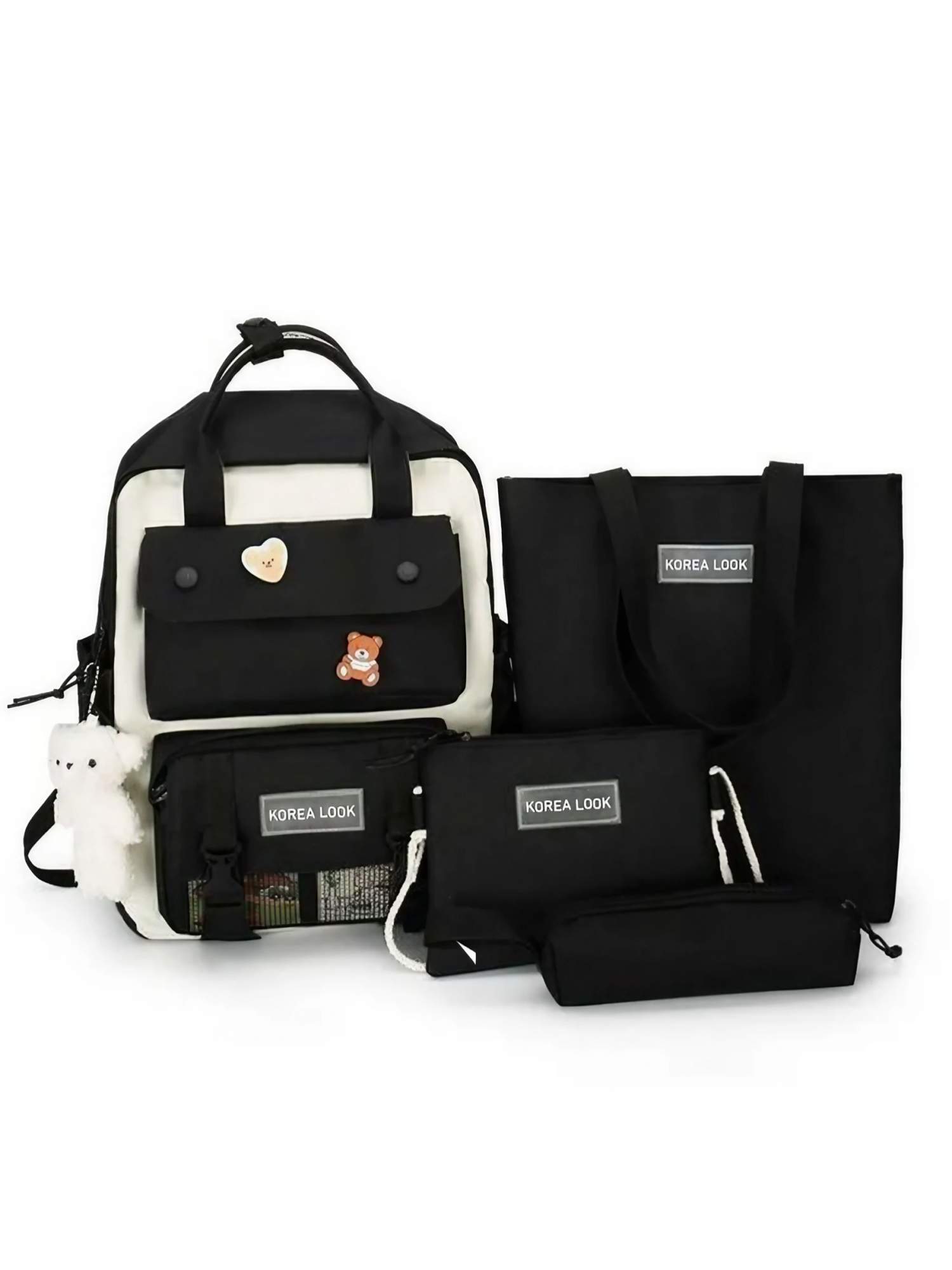 Купить рюкзак Korea Look набор для девочек школьный, 4 предмета, черный, 224319, цены на Мегамаркет | Артикул: 600009483322