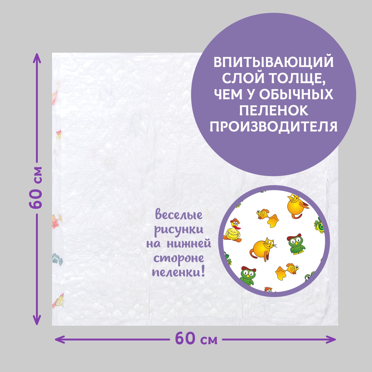 Пеленки одноразовые впитывающие для детей Пелигрин Super 60х60 см, 20 шт.
