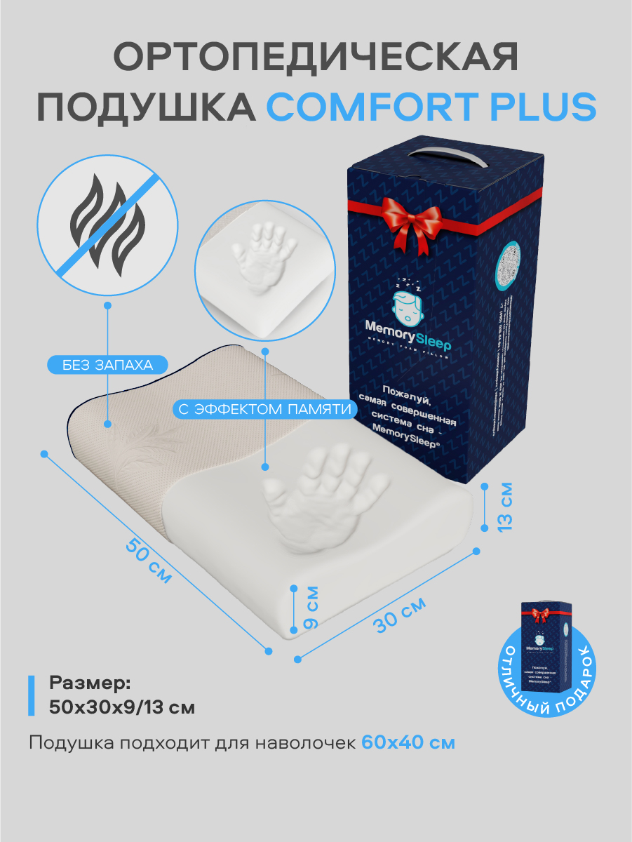 Ортопедическая, анатомическая подушка для сна с эффектом памяти MemorySleep Comfort Plus - купить в Москве, цены на Мегамаркет | 100024086179