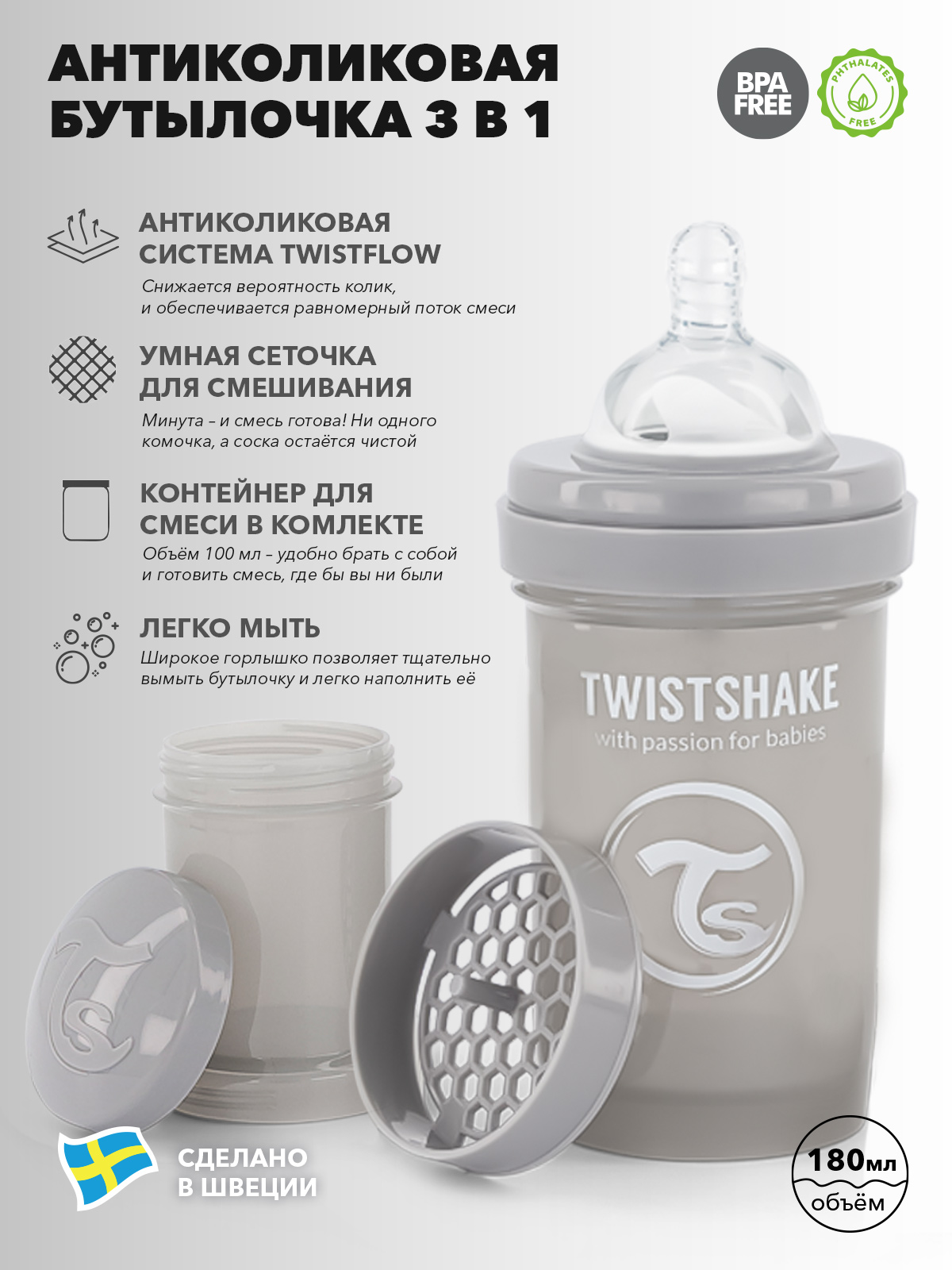 Отзывы о бутылочка антиколиковая Twistshake для кормления 180мл пастельный  серый - отзывы покупателей на Мегамаркет | бутылочки для кормления 78254 -  100025843466