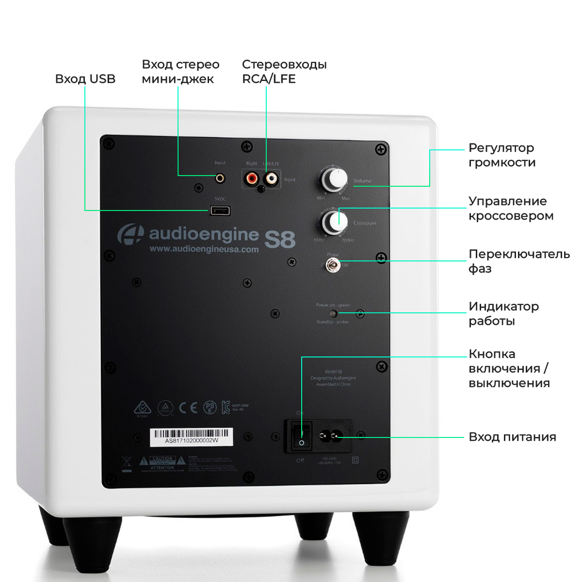 Активный сабвуфер Audioengine S8W для дома, для любой акустической системы,  цвет белый, купить в Москве, цены в интернет-магазинах на Мегамаркет