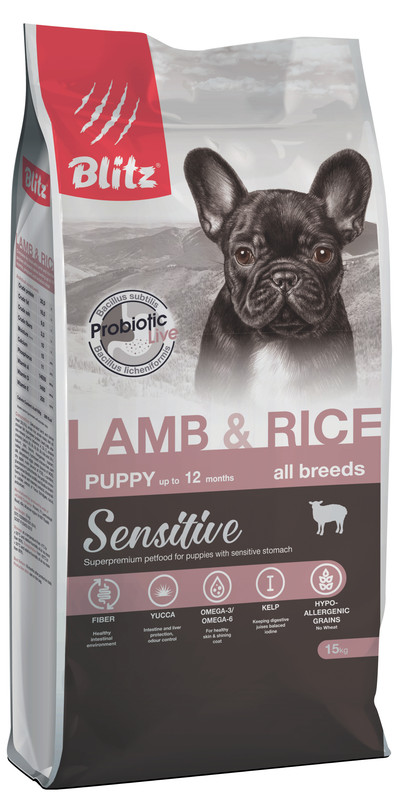 Сухой корм для щенков BLITZ Puppy All Breeds Sensitive, все породы, ягненок и рис, 15кг