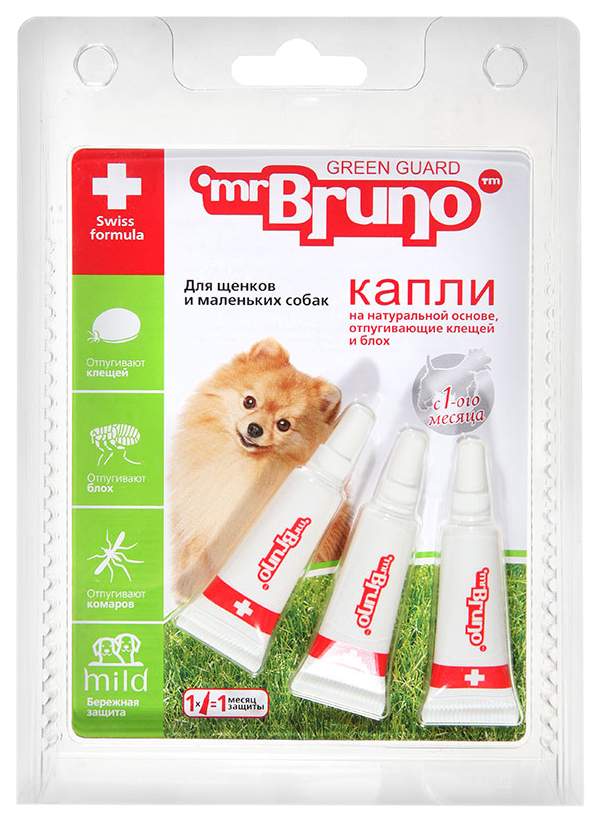 Капли для мелких собак против блох, клещей, комаров Mr.Bruno Green Guard, 3 пипетки, 1 мл