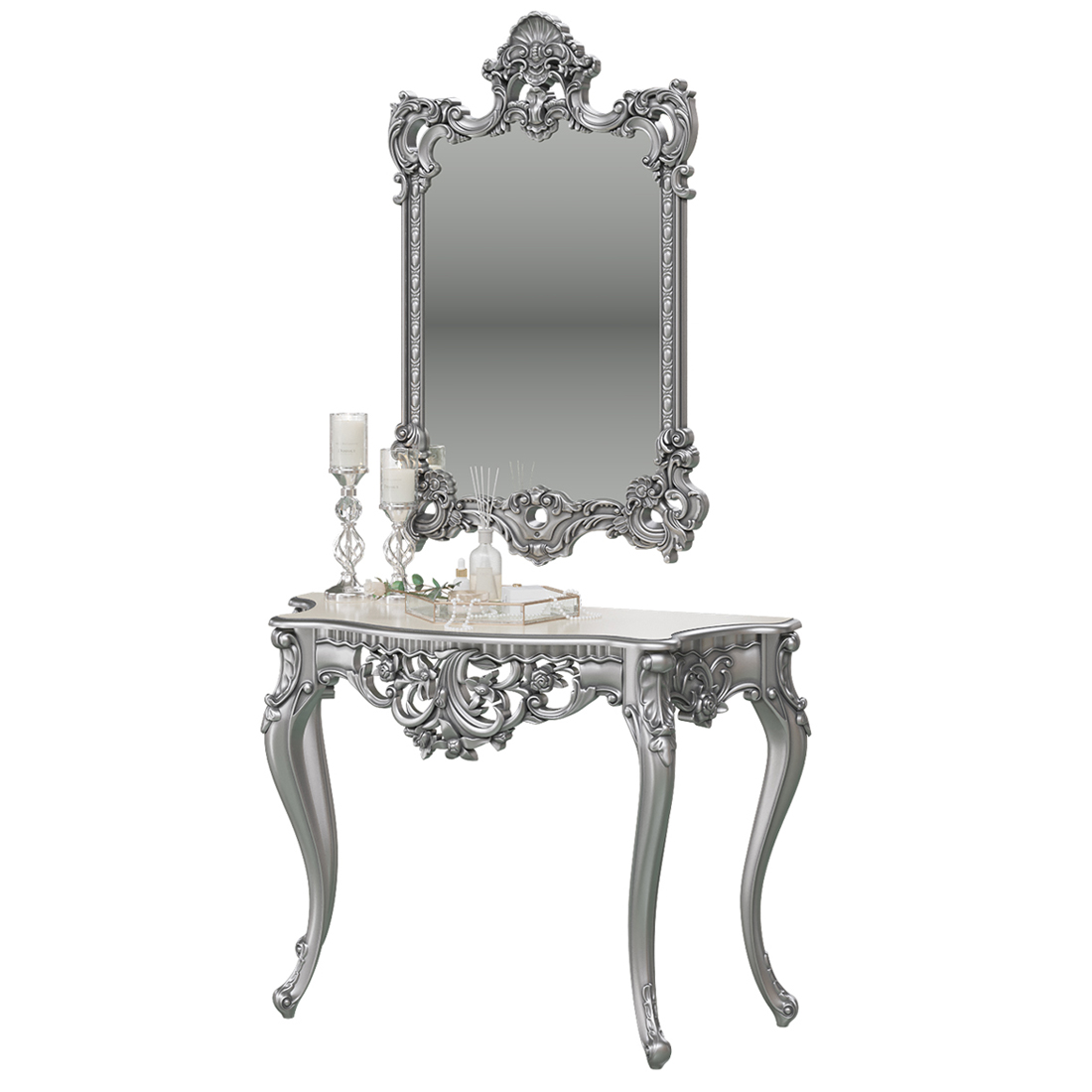 Туалетный столик с зеркалом Мэри-Мебель КН-01+ЗК-02 серебро, 122х48х82 + 75х8х118 см