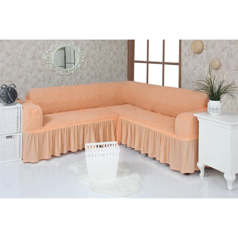 Чехол на угловой диван с оборкой Venera, персиковый