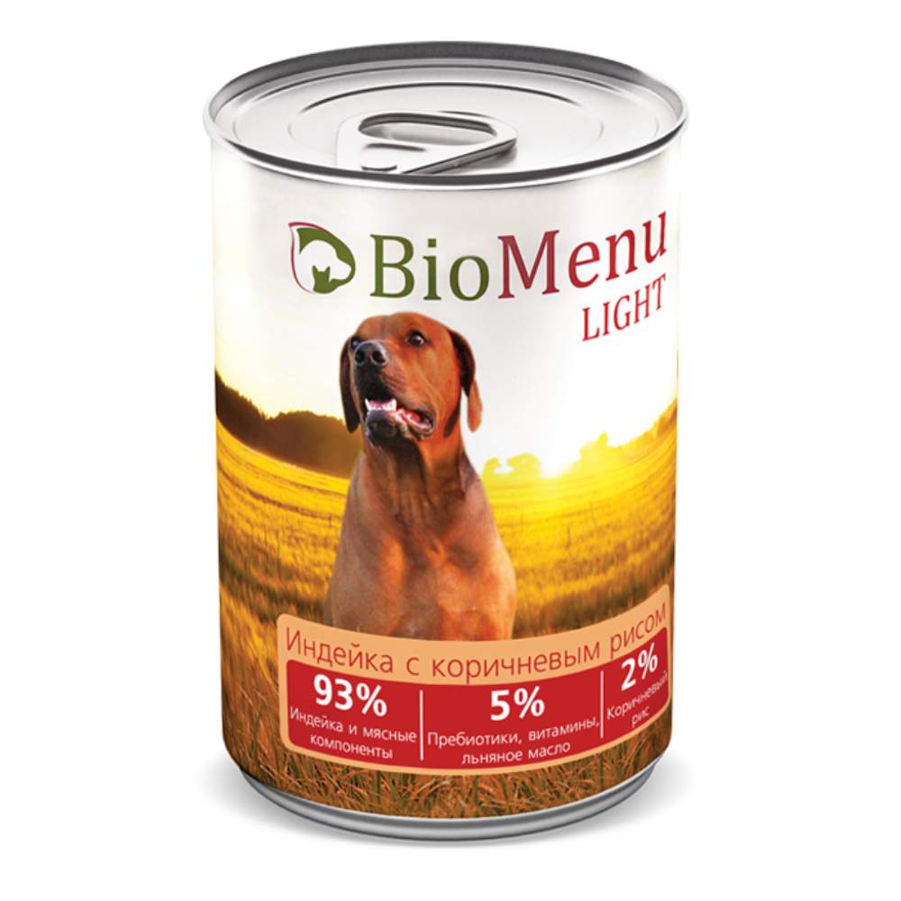 Консервы для собак BioMenu Light, индейка, коричневый рис, 410г