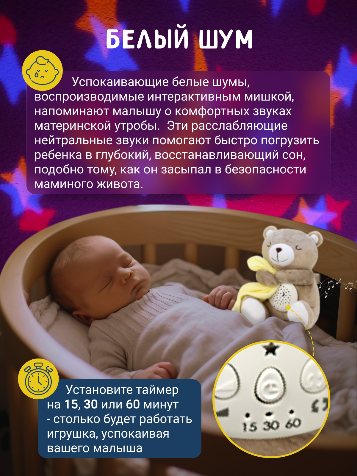 Купить музыкальный интерактивный ночник Nadin kids Звездный мишка c белым  шумом, цены на Мегамаркет