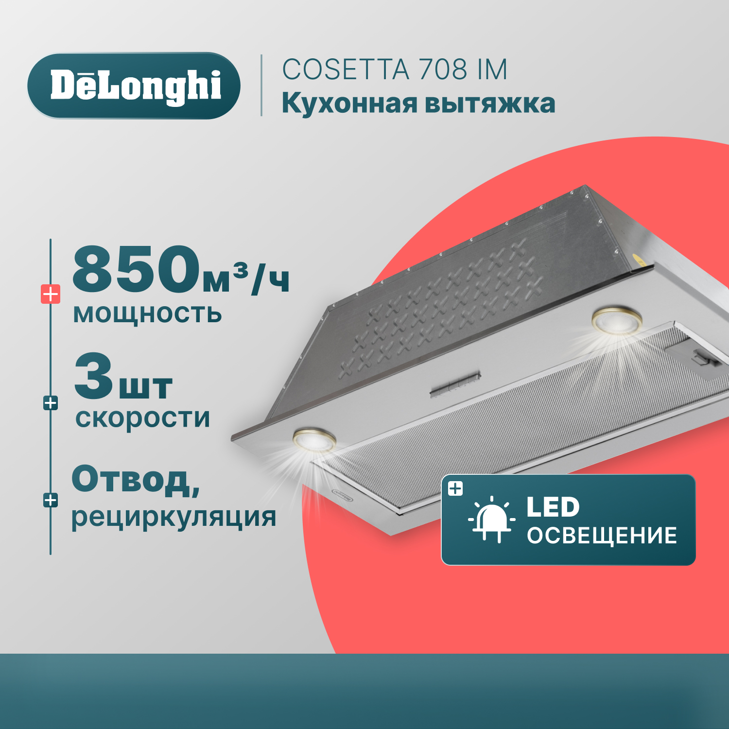 Вытяжка встраиваемая Delonghi COSETTA 708 IM серая - купить в Официальный импортер De