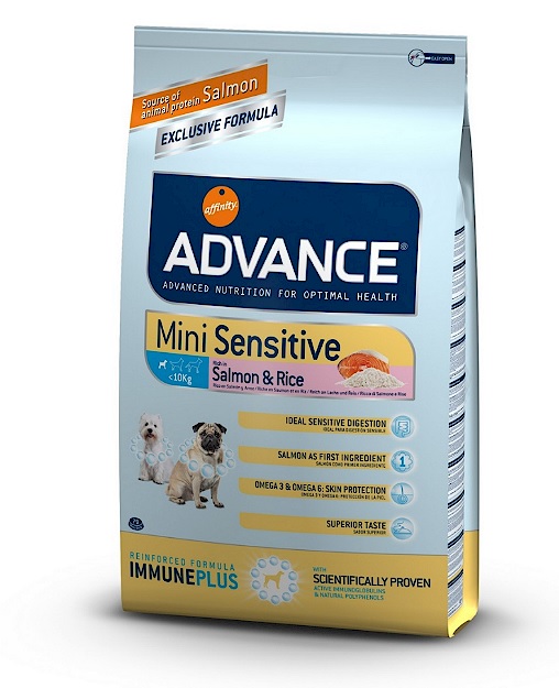 Сухой корм для собак Advance Mini Sensitive Adult, для мелких пород, лосось и рис, 0,8кг