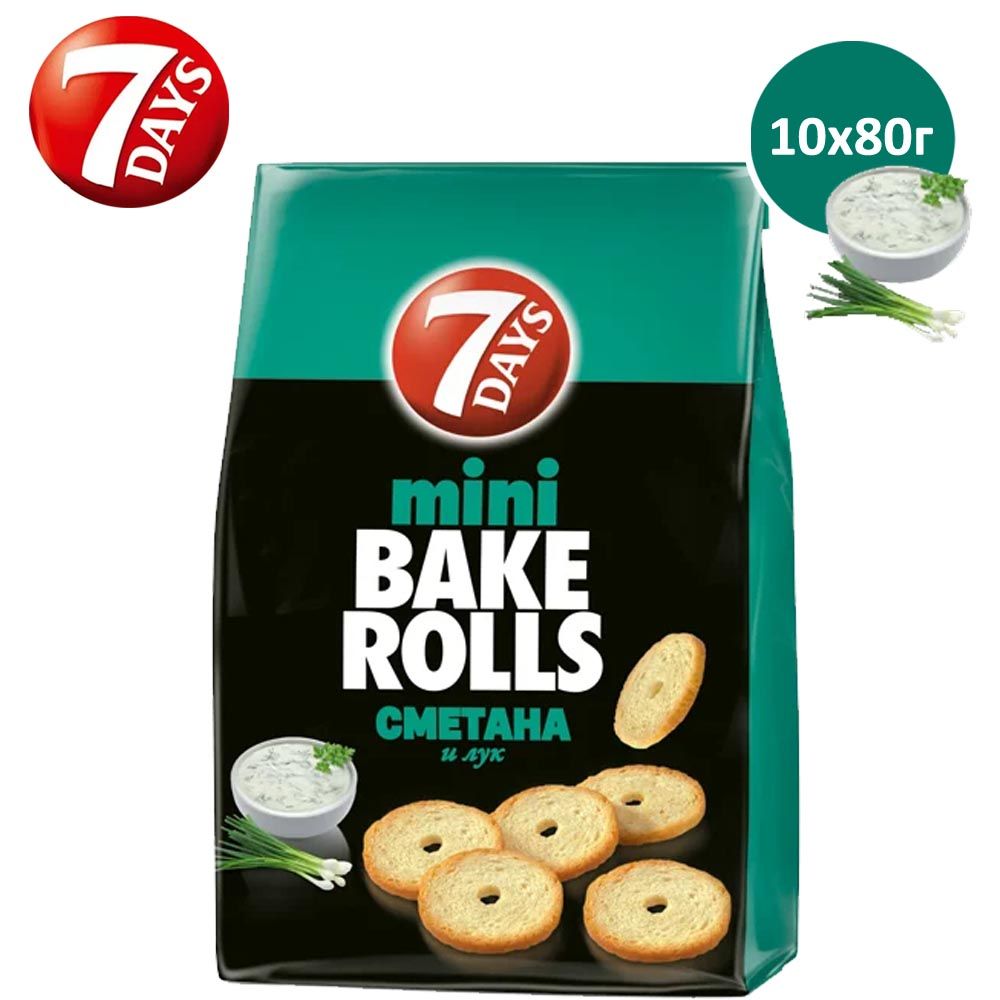 Купить сухарики 7 Days мини Bake rolls с приправой сметана и лук 10*80 г,  цены на Мегамаркет | Артикул: 600001912774