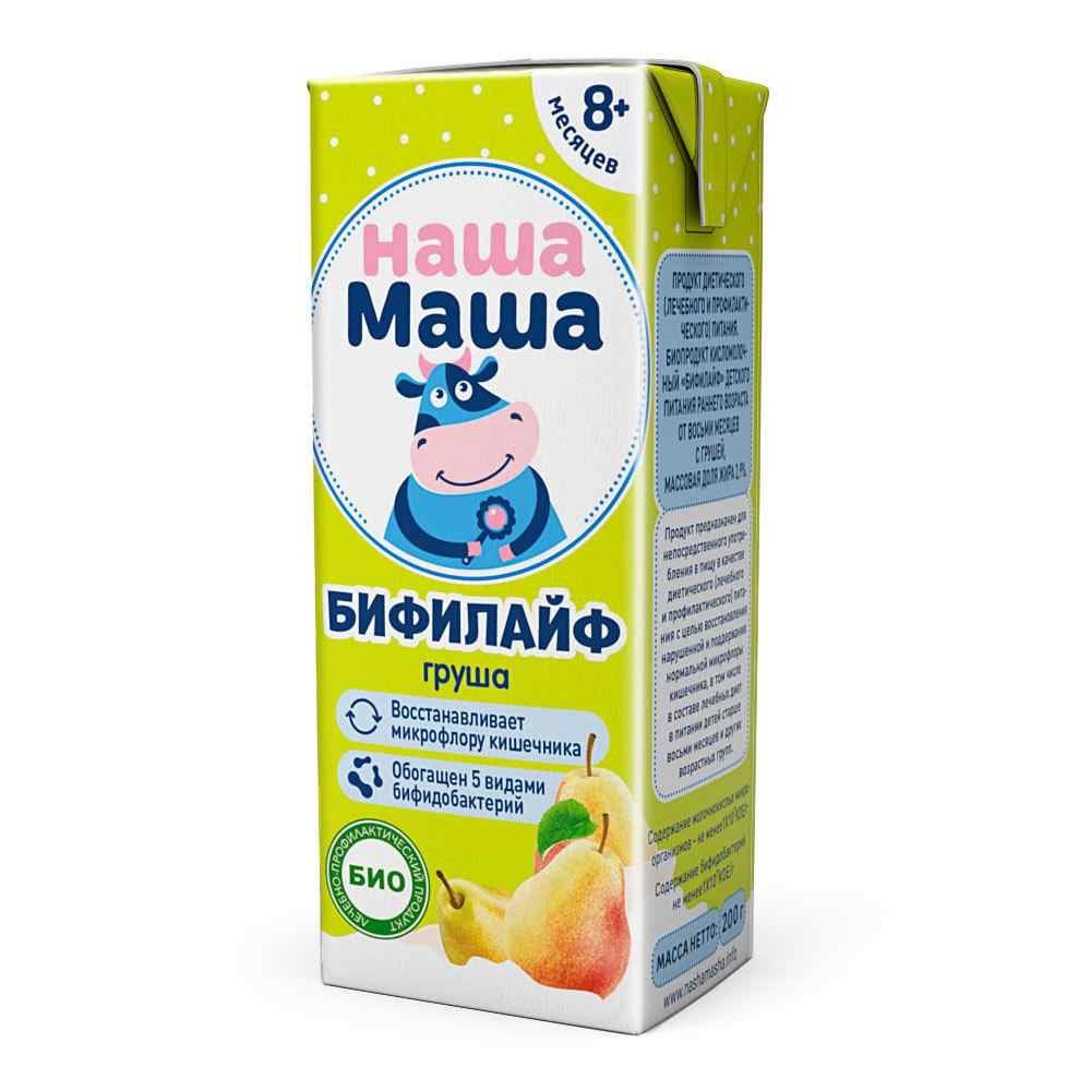 Биопродукт Наша Маша Бифилайф, кисломолочный, с грушей, 2,9%, с 8 месяцев, 200 мл