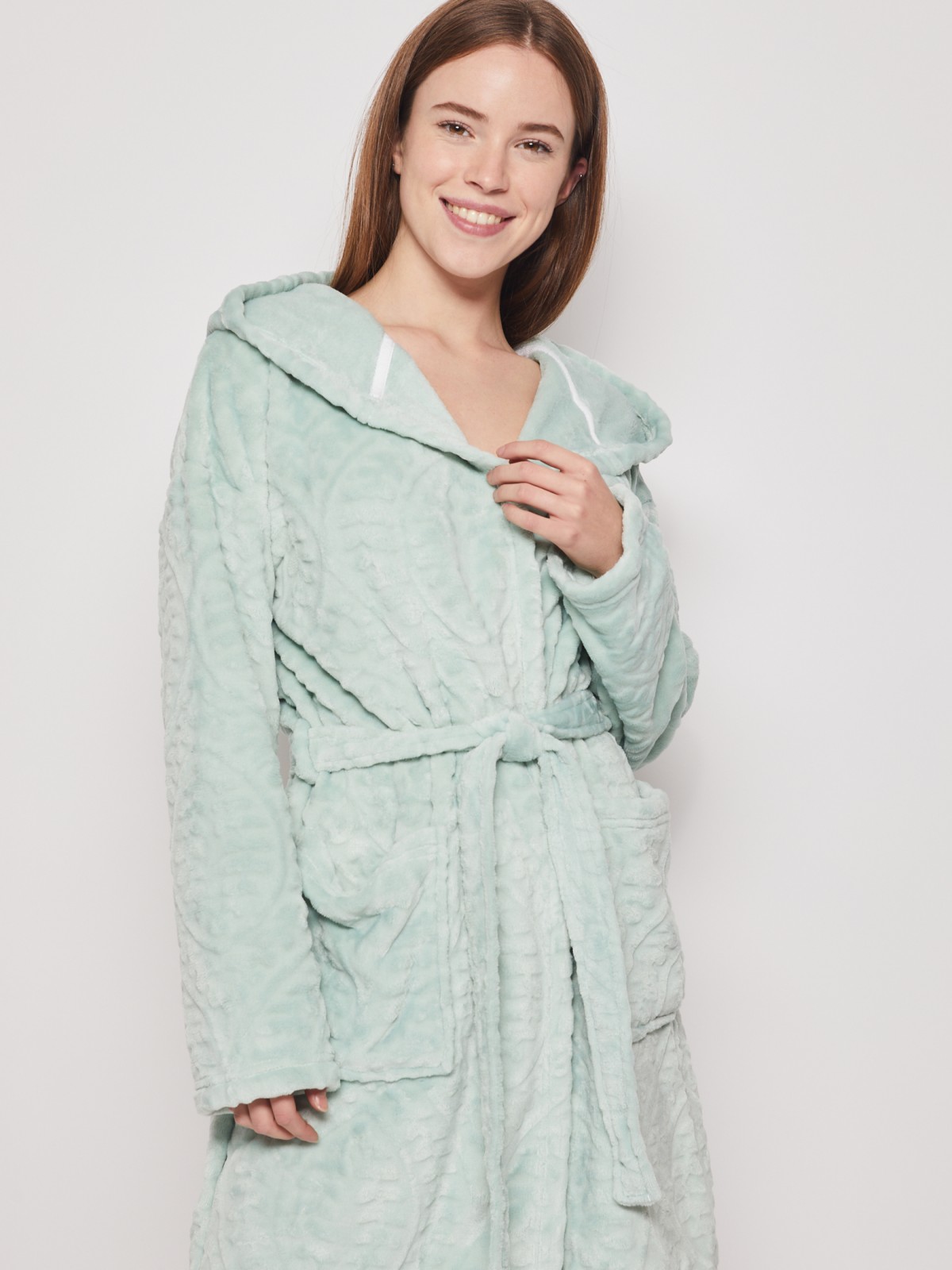 Тёплый халат с капюшоном Zolla, цвет Светло-зеленый, размер M