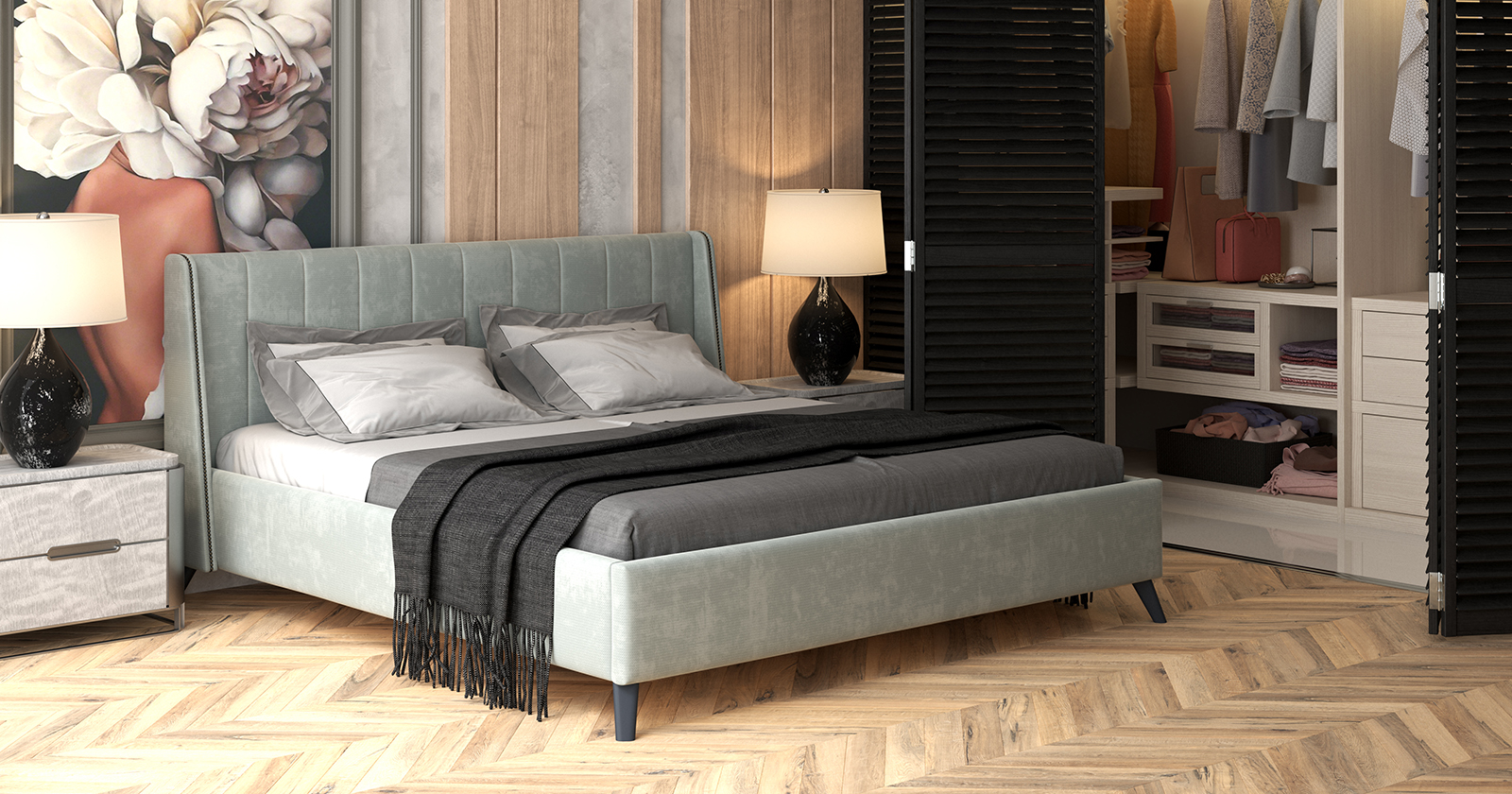 Кровать интерьерная Мелисса Осн Тори 61 велюр (серебристый серый), 183х217х104 см