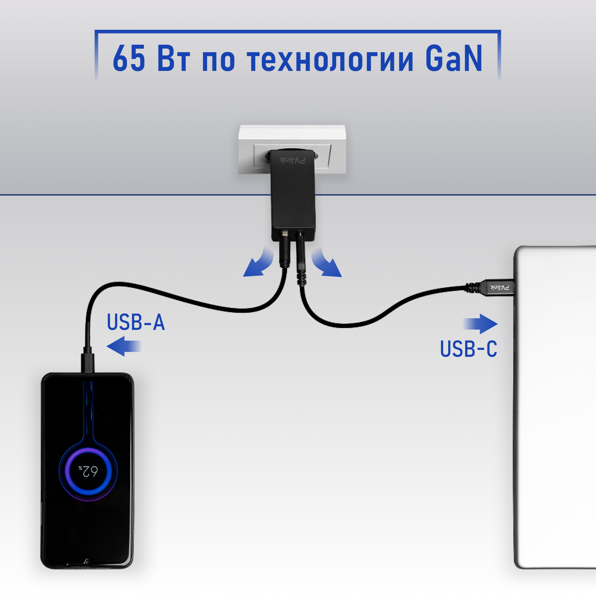 Сетевое зарядное устройство PV-Link PV-GaN65W 1x USB Type A, 1xUSB Type-C 3 А черный, купить в Москве, цены в интернет-магазинах на Мегамаркет