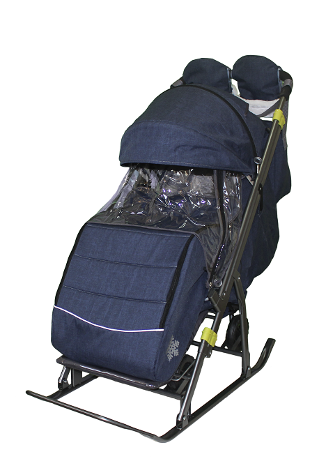 Санки-коляска Galaxy Snow Kids-3-3-С Джинс темно-синий, сумка, варежки, на колесах
