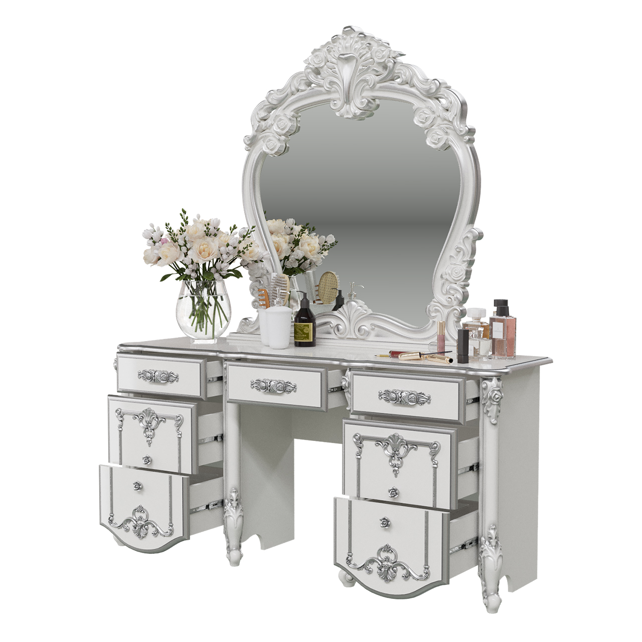 Стол туалетный с зеркалом Мэри-Мебель Дольче Вита белый глянец с серебром, 159х46х191 см.