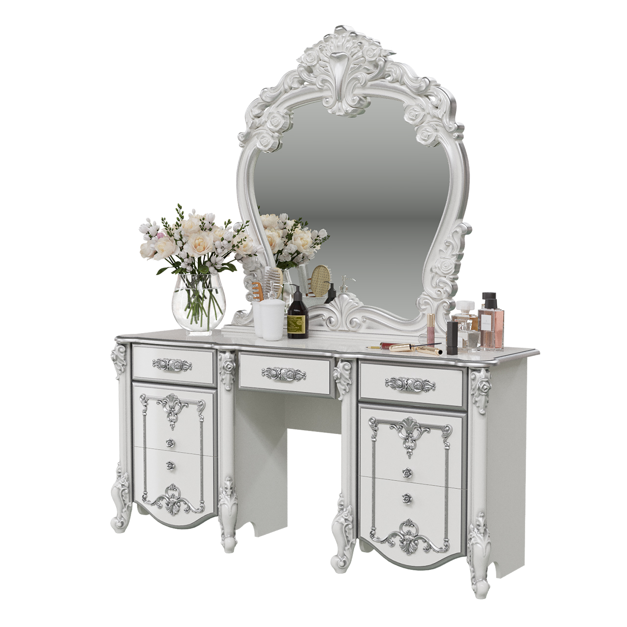 Стол туалетный с зеркалом Мэри-Мебель Дольче Вита белый глянец с серебром, 159х46х191 см.