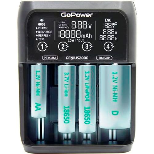 Зарядное устройство GoPower Genius 2000 4 слота Ni-MH/Ni-Cd/Li-ion/IMR/LiFePO4 00-00017019 - купить в Москве, цены на Мегамаркет | 600003479996