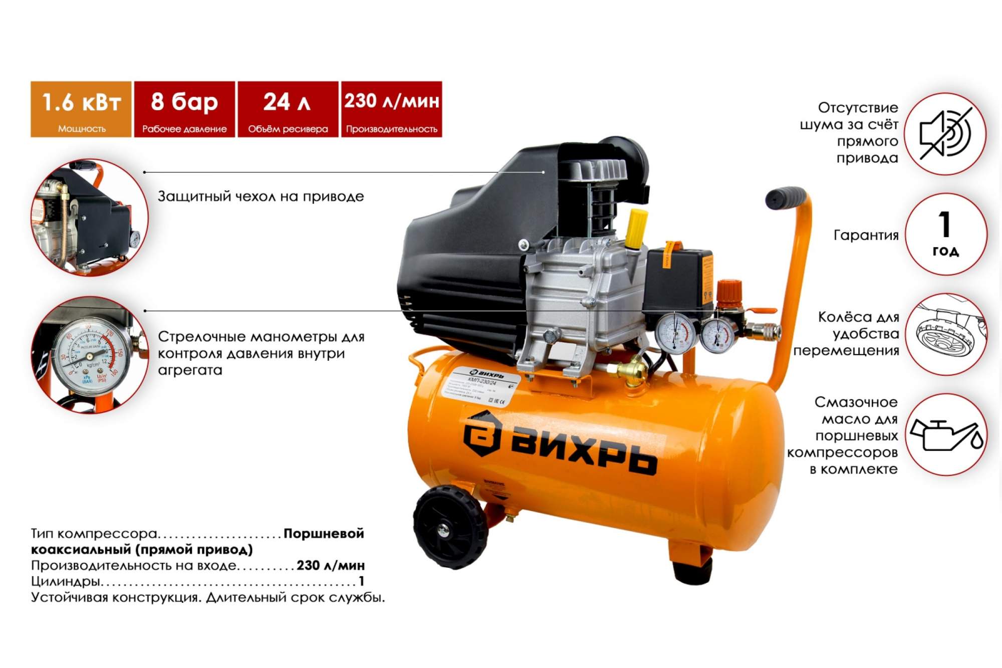 Поршневой компрессор КМП-230/24, Вихрь (74/3/2) купить в интернет-магазине,  цены на Мегамаркет