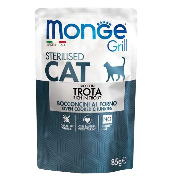 Купить влажный корм для кошек Monge Cat Grill Sterilised итальянская форель, 28шт по 85г, цены на Мегамаркет | Артикул: 100052778434