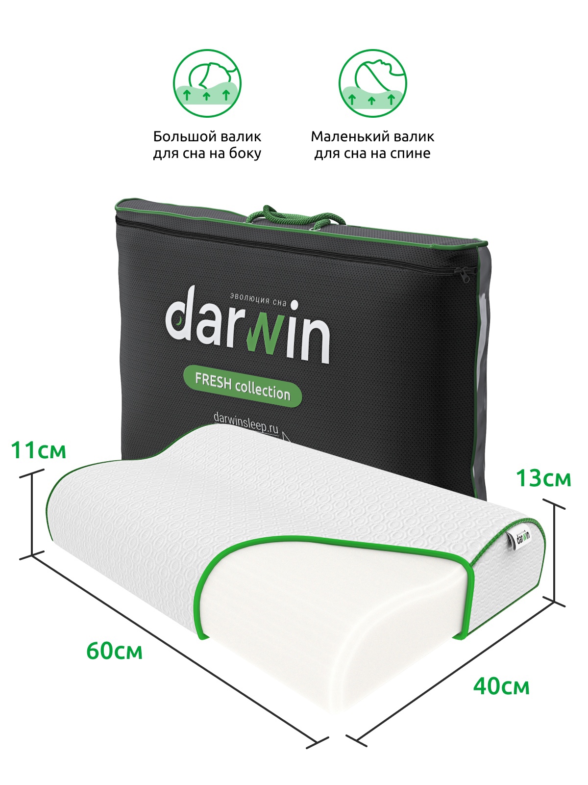 Анатомическая подушка Darwin Fresh 3.0 с эффектом памяти, 40х60х11/13